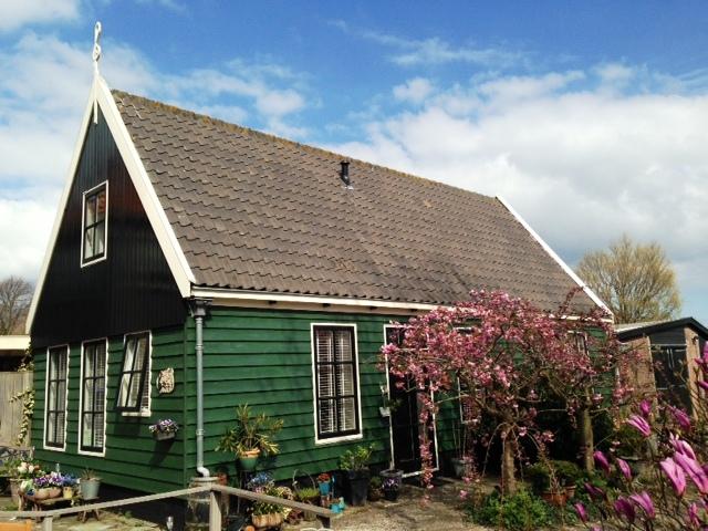 Groen houten huisje in graft